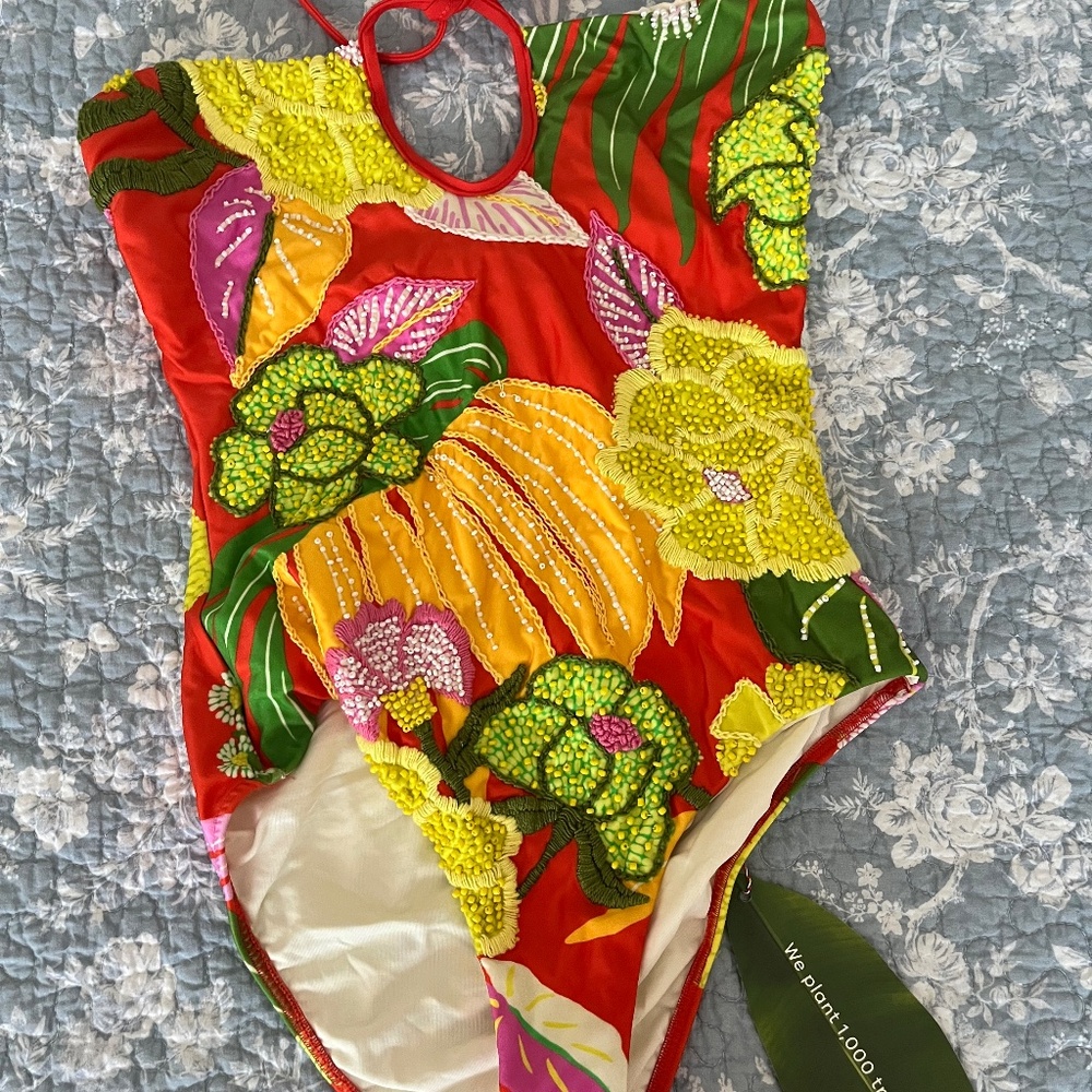 FARM Rio Neon Floral Beaded Swimsuit (One-piece, NWT)